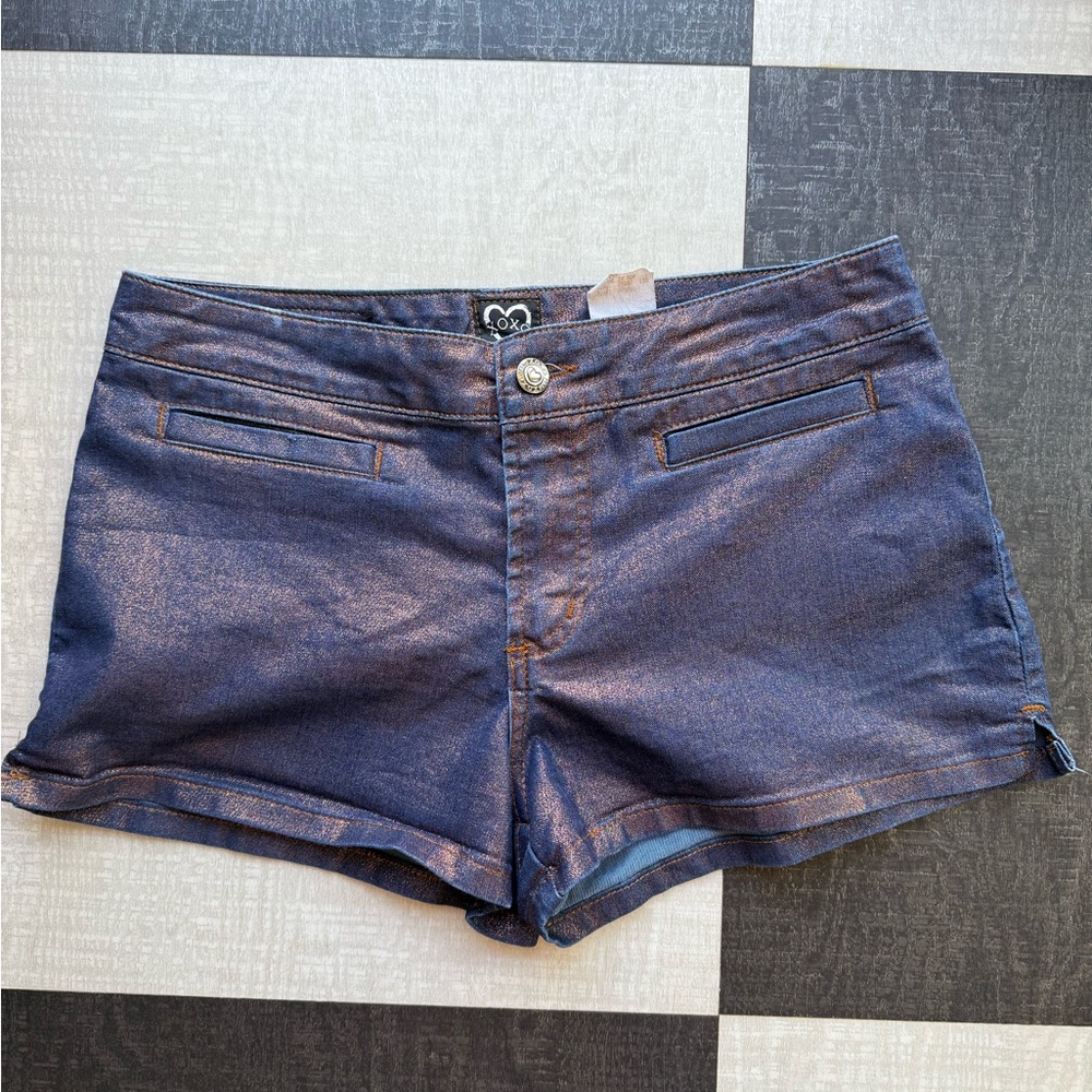 Vintage Y2K XOXO Metallic Denim Shorts Blingy Low Rise Stretch Jean Shorts